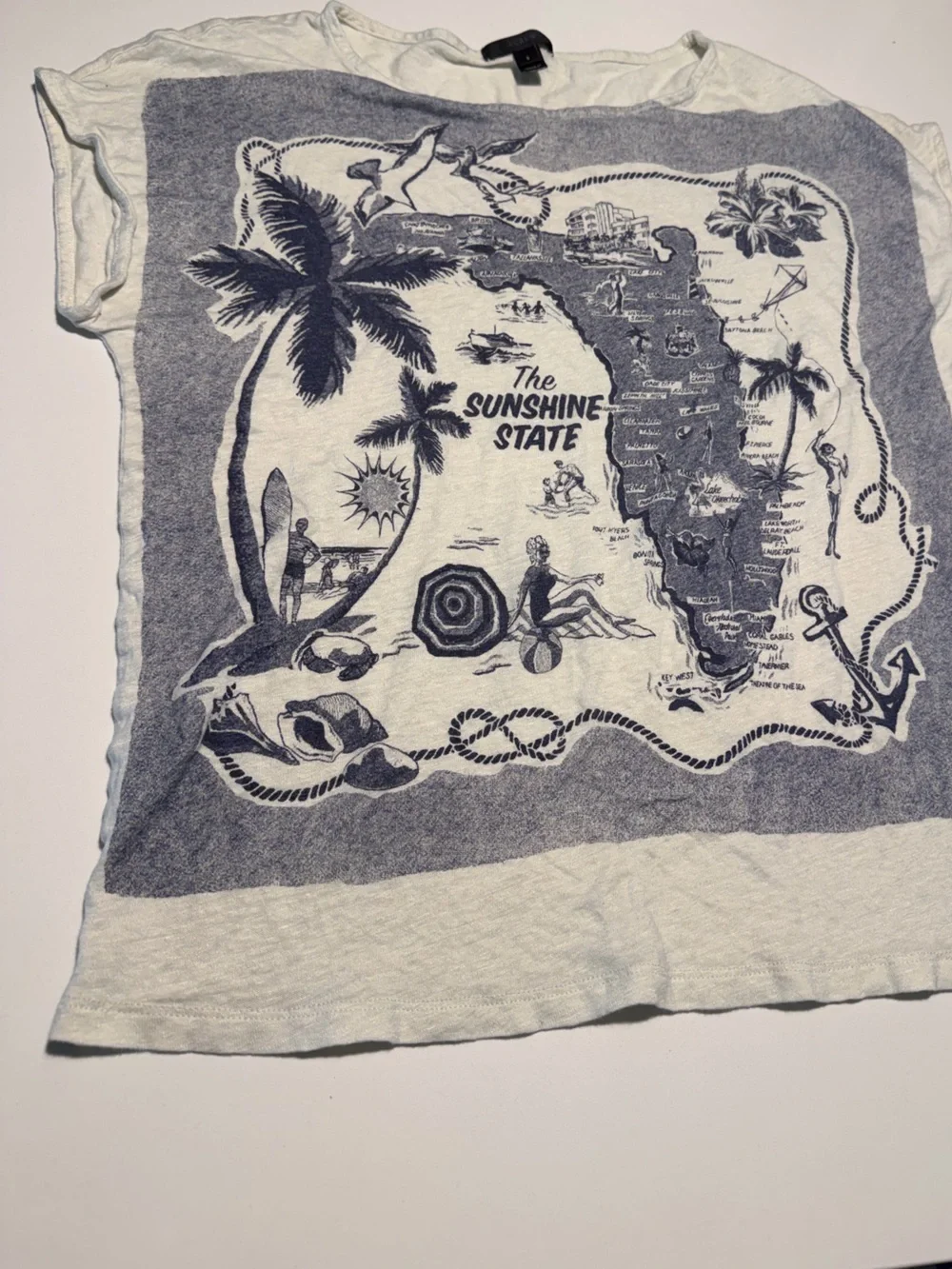 J. Crew 100% Linen Cream & Blue Graphic Tee - The Sunshine State